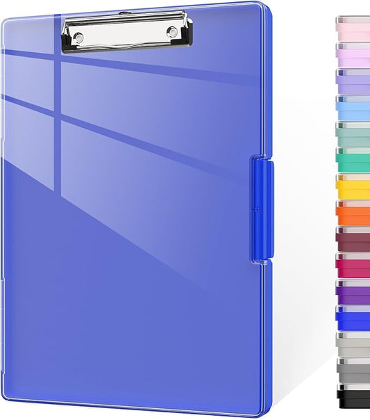 Piasoenc Clipboard with Storage, 8.5 x 11 Clip Boards with 2 Storage Case and A4 Paper Folder, Clear Dry Erase Top Panel, Heavy Duty Plastic, Folio & Side Opening, for Nurses, Teachers, Lawers,Blue
