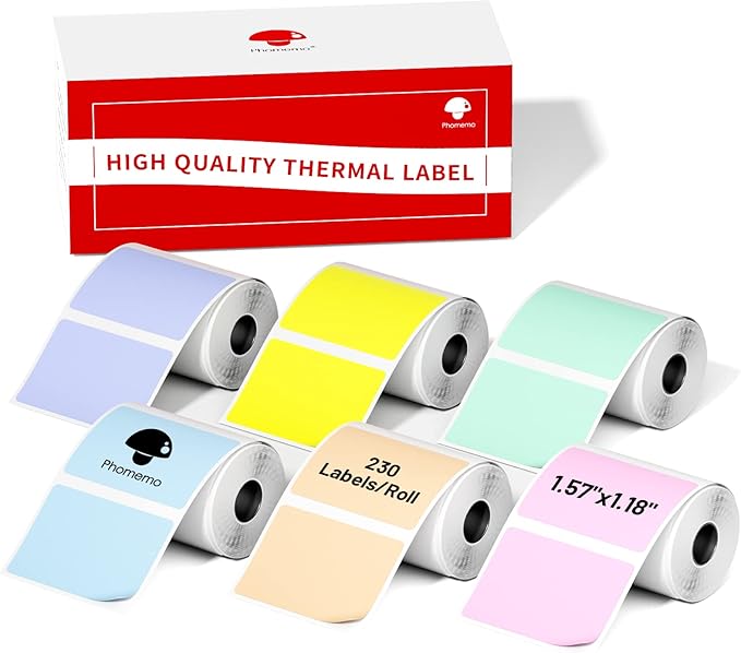 Phomemo Sticker Labels 1.57"x1.18"(40x30mm) 6 Rolls, for M110/M110S/M120/M200/M220 Printer - Pink/Blue/Khaki/Green/Yellow/Purple, for Small Business, Home, Office, 230 Labels/Roll