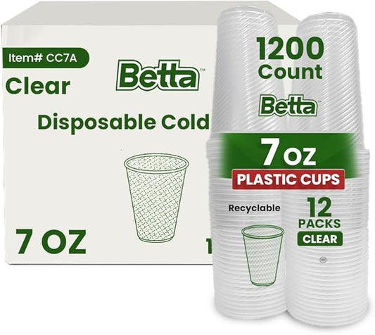 Betta 7-oz Disposable Plastic Drinking Cups, Clear, 1200 Count, Bulk Case for Schools, Offices, Breakrooms and Cafeteria (12 Pack Per Box x100)