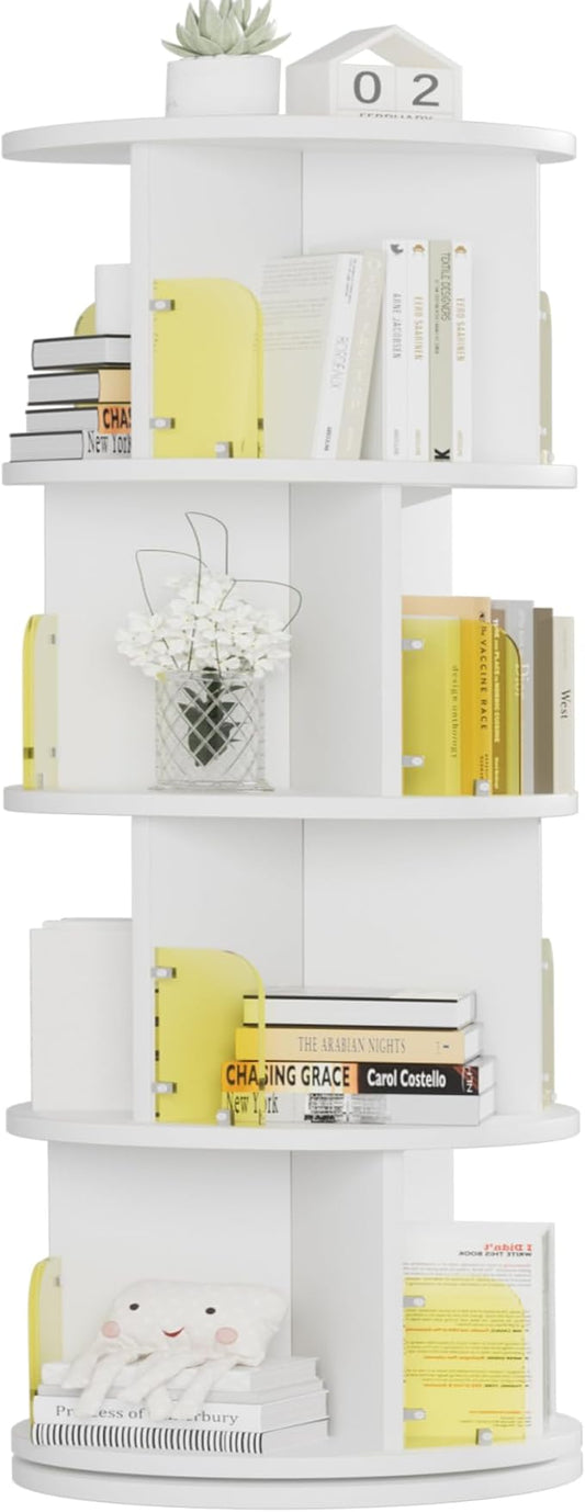 VECELO Rotating Bookshelf Tower, 360°Revolving Bookcase, Round Book Shelf Rotating, Stackable Storage Display Rack Floor Standing for Kids&Adults Solid Wood, White