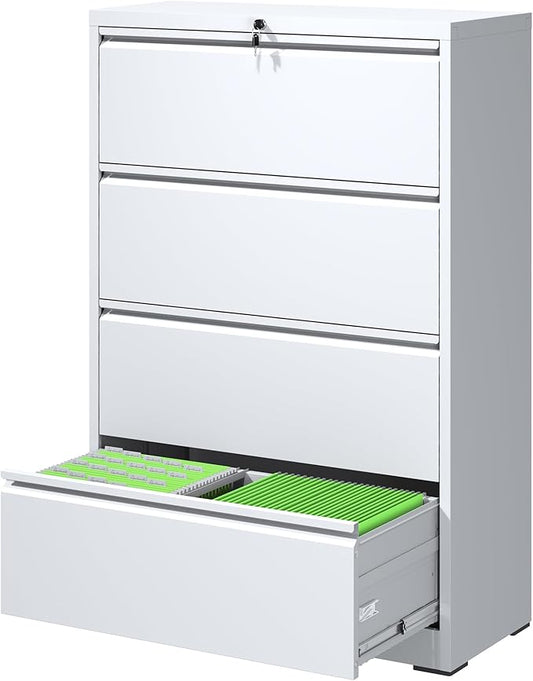 File Cabinets 4 Drawer,Metal Office Storage Filing Cabinet with Lock,White Lateral Filing Cabinet for Home Office,Horizontal Locking File Cabinet for Legal/Letter/A4,Assembly Require,White