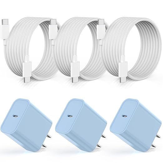 【Apple MFi Certified】20W USB C Fast Charger iPhone 17 16 15 Charge Block 3Pack 6 FT TypeC Fast Charger Cable for iPhone 17/17 Pro/17 ProMax/iPhone 16/16 ProMax/15 Plus All USB C Charging Devices(Blue)