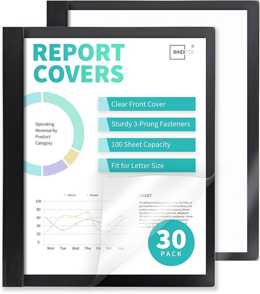 Binditek 30 Pack Clear Front Report Covers with 3 Prongs, 100-Sheet Capacity, Heavy-Duty Plastic Report Folder with Black Back Covers, 3 Metal Prongs Fasteners, for Letter Size, Office Supplies