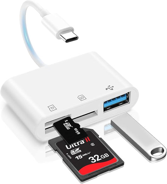 USB C SD Card Reader for iPhone Adapter, 3-in-1 Memory Card Reader Dual Slots with USB Camera Adapter, Digital Camera Adapter iPhone 15/16/17, iPad, Mac, MacBook Pro/Air, Android, Laptop