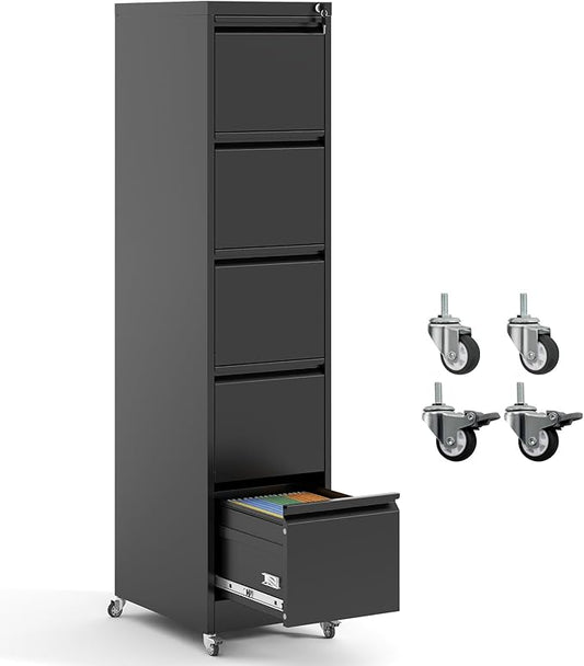5 Drawer Locking File Cabinet with Wheels,Metal Mobile Filing Cabinets,Black Vertical File Cabinet for Home Office,Heavy Duty Storage Cabinet for A4/Letter/Legal Size File,Assembly Required
