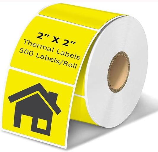 2" x 2" Thermal Labels Stickers Yellow, Square Thermal Shipping Stickers, Multipurpose Inventory Self-Adhesive Direct Thermal Label for Small Business (500 Labels/Roll)