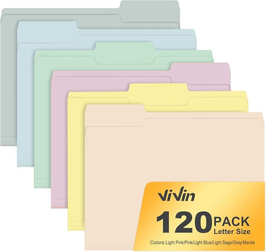 ViVin File Folders, Fits 8.5 x 11 Letter Size Paper, 1/3-Cut Tabs, 120 Pack Manilla Colored File Folders, Perfect for Home, Office, and School Documents File Paper(Assorted)