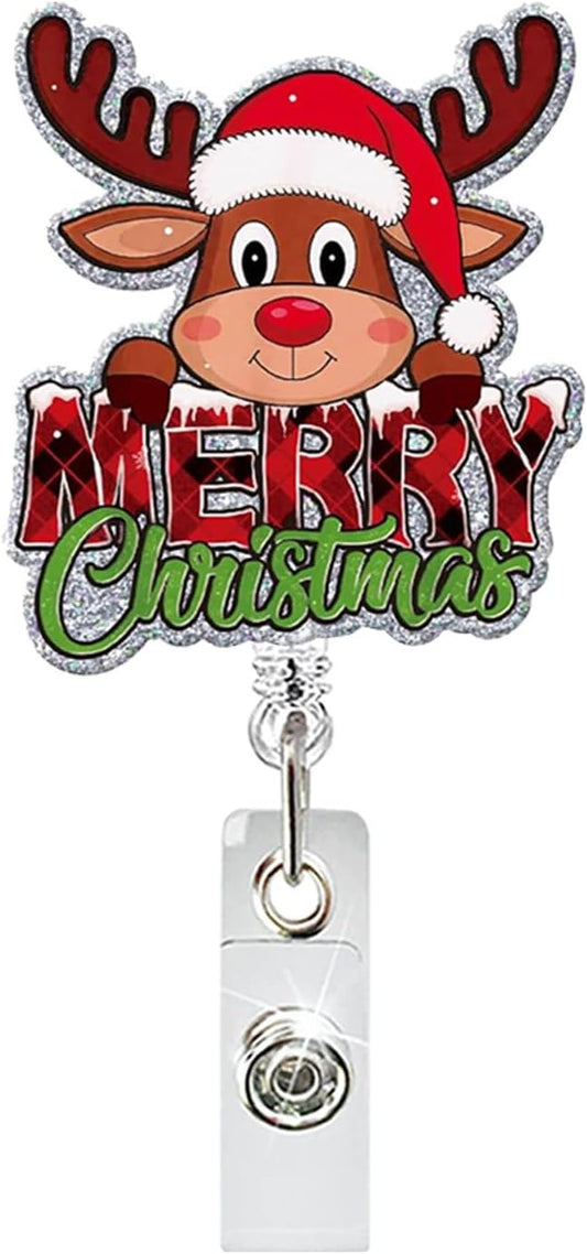 Merry Christmas Badge Reel Cute Reindeer Badge Holder Acrylic Retractable Alligator Clip Glitters Elk Badge Reel Winter Holiday Gift Accessories for Nursing Students Teachers Office Medical Worker