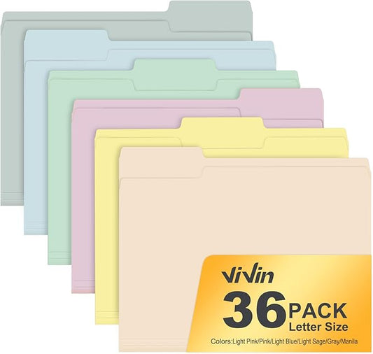 ViVin File Folders, Fits 8.5 x 11 Letter Size Paper, 1/3-Cut Tabs, 36 Pack Manilla Colored File Folders, Perfect for Home, Office, and School Documents File Paper(Assorted)