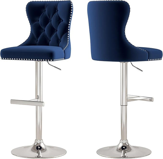 Bar Stools Set of 2, Velvet Swivel Counter Height Stools with Tufted Back, Adjustable Seat with Nailheads Trim, Upholstered Bar Chairs with Steel Base for Kitchen Island, Pub, Blue