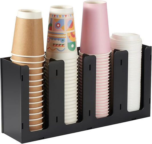 CURTA 4 Compartment Splicing Disposable Paper Cup Dispenser, Coffee and Lid Storage Organizer Holder for Countertop Bar,Restaurant,Breakroom,Party, Black