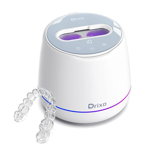 Drixo Ultrasonic Retainer Cleaner Machine, IPX6 Waterproof Dental Cleaning Pod, 3 Modes Denture Cleaner for Night Guard Mouth Guard Braces, 45kHz Denture Dome with UV Light, 200ML Tank, Arctic White