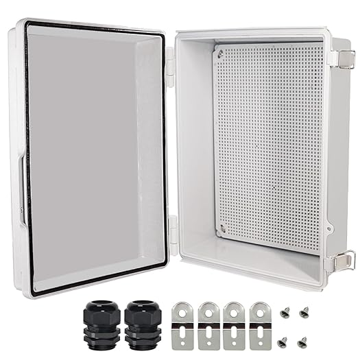 Zulkit Junction Box,IP67 Waterproof Electrical Box Hinged Cover Stainless Steel Buckle Plastic Enclosure for Project w Mounting Plate Wall Bracket and 2 Cable Gland Grey 15"x11"x5.1"/380x280x130mm
