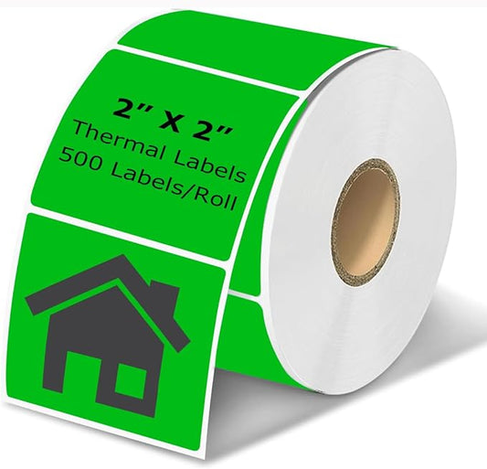 2" x 2" Thermal Labels Stickers Green, Square Thermal Shipping Stickers, Multipurpose Inventory Self-Adhesive Direct Thermal Label for Small Business (500 Labels/Roll)