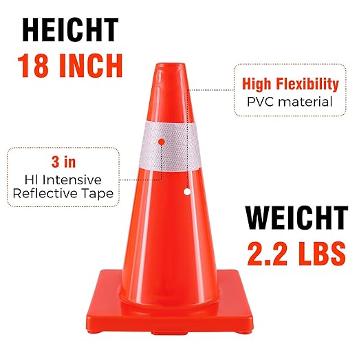 Traffic Safety Cones 18 Inch 6 Pack - Orange Road Parking Cones with Reflective Collars, Heavy Duty PVC Construction Cone Structurally Stable for Road Parking, Traffic Control, Driveway