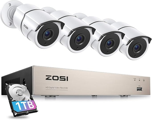 ZOSI 8CH 3K Lite Home Security Camera System Outdoor,AI Human/Vehicle Detection,Night Vision,4pcs 1080P Metal Weatherproof Cameras with 1-Way Audio,H.265+ 8Channel DVR with 1TB HDD for 24/7 Recording