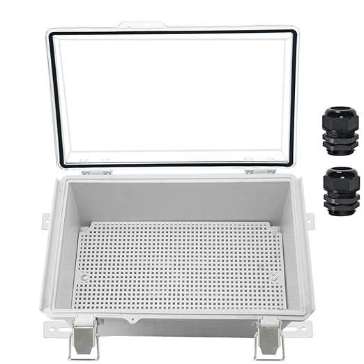 Zulkit Junction Box,IP67 Waterproof Electrical Box Hinged Clear Cover Stainless Steel Buckle Plastic Enclosure for Project w Mounting Plate Wall Bracket and 2 Cable Gland 10.2 x 6.3 x 3.9 Inch