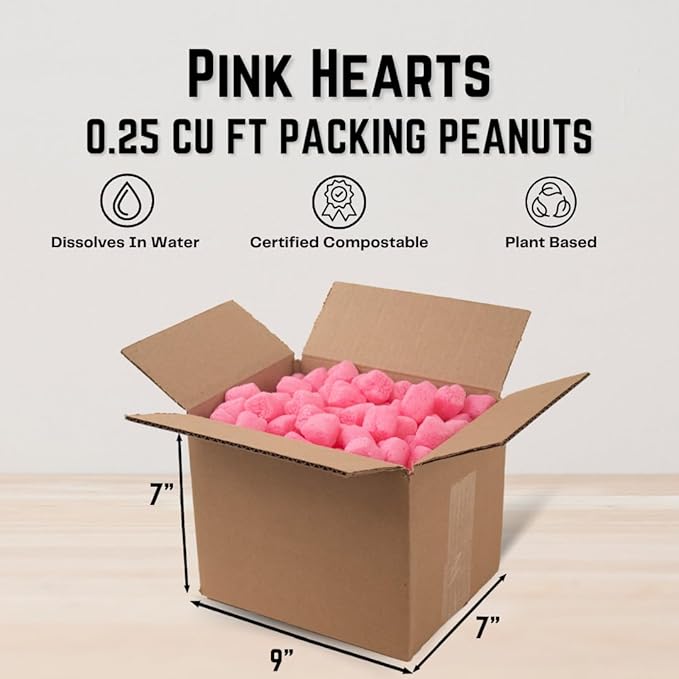 Magicwater Supply - .25 Cu Ft - Pink Heart Shaped Recycled Anti Static Packing Peanuts - Compostable & Biodegradable Cushion for Shipping - Dust-Free & Abrasion Resistant - Void Filler