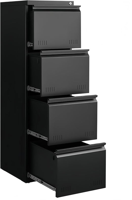 Vertical 4 Drawer File Cabient with Lock, Metal Filing Cabinets for Home Office, Heavty Duty Office Storage Cabinet for A4/Letter/Legal (Matte Black)