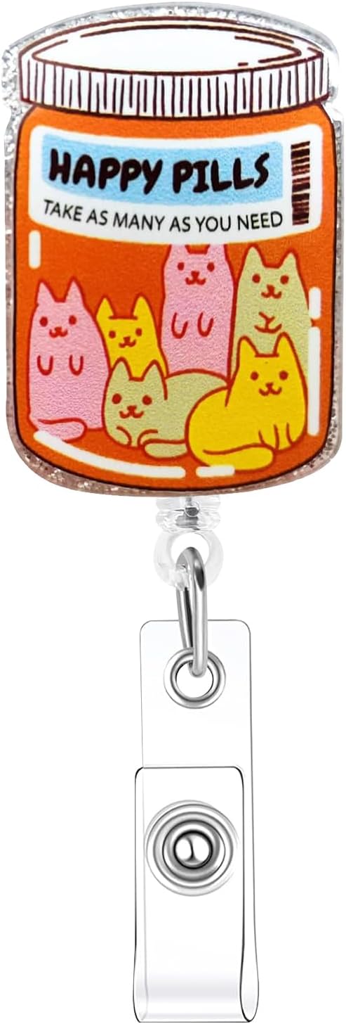 Happy Pills Cats Badge Reel Retractable Funny Badge Holder Retractable Clip Nursing Badge Clips for Doctor Student Teacher Office Clinic Medical Assistant