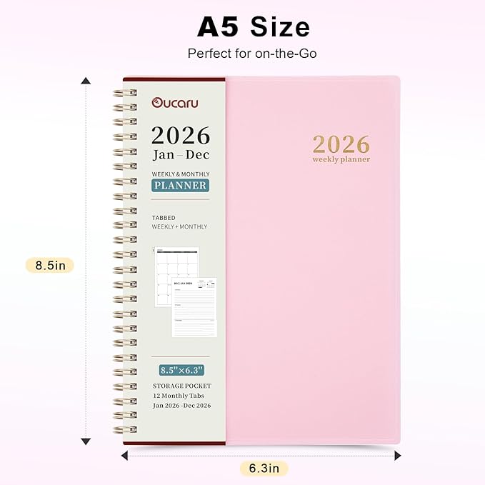 Oucaru 2026 Planner, Weekly and Monthly Planning Calendar, Jan 2026 - Dec 2026, 6.3" x 8.5", Spiral Bound, 12 Habit Trackers & Monthly Tabs, 2 Storage Pockets, Perfect for Office Home School Supplies
