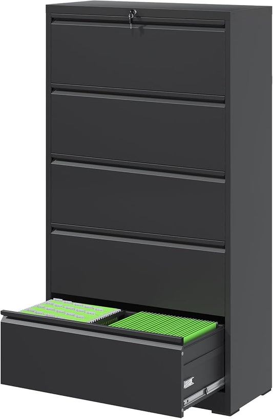 File Cabinets 5 Drawer,Metal Office Storage Filing Cabinet with Lock,Black Lateral Filing Cabinet for Home Office,Horizontal Locking File Cabinet for Legal/Letter/A4,Assembly Require,Black