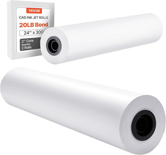 VEVOR Wide Format Paper, 24 in x 300 ft Plotter Roll, 2 Rolls CAD Bond Rolls with 2 in Core, 20 LB Bond Paper Rolls, Ideal for CAD Drawings, Engineering Plans, GIS Maps, and Architectural Designs