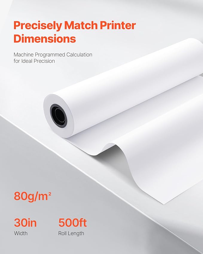 VEVOR Wide Format Paper, 30 in x 500 ft Plotter Roll, 2 Rolls CAD Bond Rolls with 3 in Core, 20 LB Bond Paper Rolls, Ideal for CAD Drawings, Engineering Plans, GIS Maps, and Architectural Designs