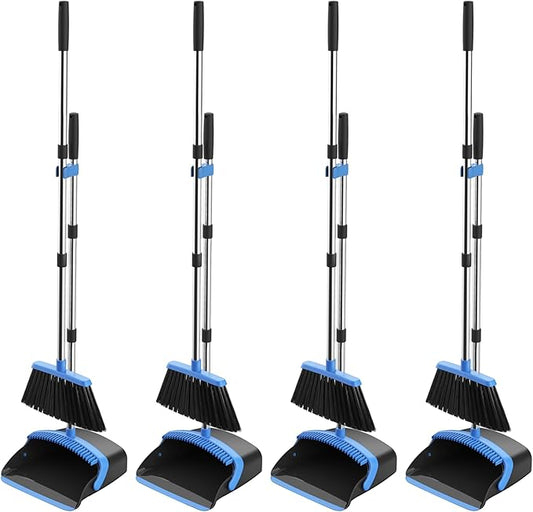 Broom and Dustpan Set, 52-in Long Adjustable Handle Broom Dustpan Combo with Dust pan Teeth to Automatically Clean Hair Suitable for Home Kitchen Office Hall Floor (Black&Blue), 4 Pack