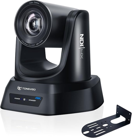 TONGVEO 4K NDI PTZ Camera AI Auto-Tracking 20X Optical Zoom HDMI IP Live Streaming SDI USB3.0 PoE LAN Supports for Church Worship Event Video Conference YouTube OBS vMix Zoom Teams and More