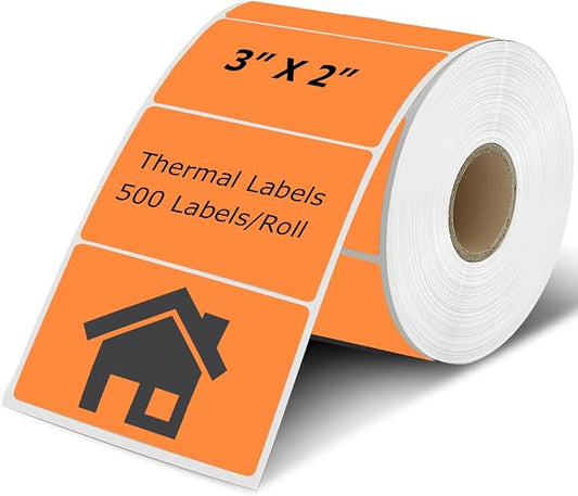 3" x 2" Thermal Labels Stickers Orange, Thermal Printer Shipping Stickers, Multipurpose Inventory Self-Adhesive Direct Thermal Label for Small Business (500 Labels/Roll)