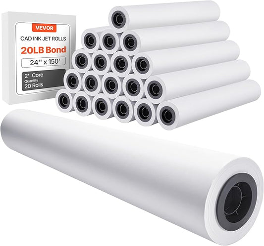 VEVOR Wide Format Paper, 24 in x 150 ft Plotter Roll, 20 Rolls CAD Bond Rolls with 2 in Core, 20 LB Bond Paper Rolls, Ideal for CAD Drawings, Engineering Plans, GIS Maps, and Architectural Designs