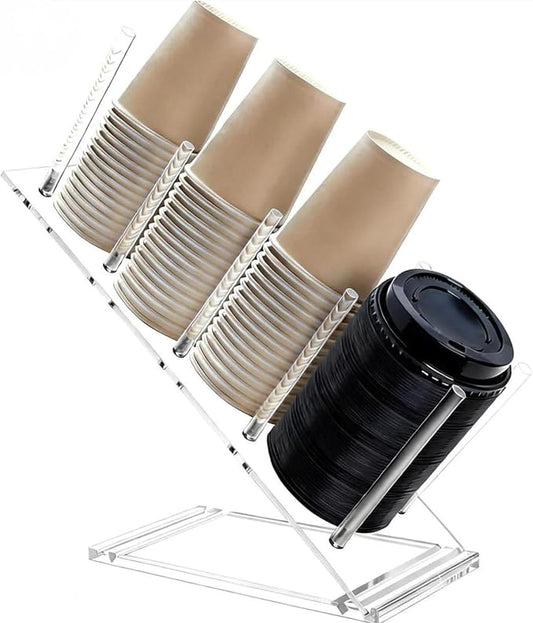 Acrylic Cup and Lid Holder, Adjustable Coffee Cup Holder Organizer Disposable Cup Dispenser Stand Countertop for Coffee Bar Station Bakery Breakroom 4 Compartment