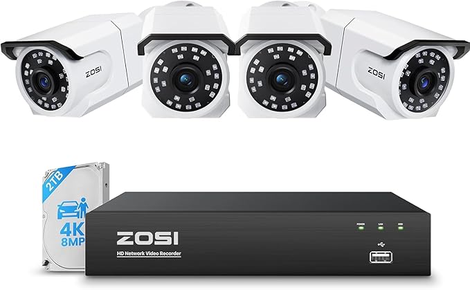 ZOSI 4K PoE Security Camera System,4 x 8MP Weatherproof Surveillance Cameras with One-Way Audio,People Counting,Night Vision,Person Vehicle Detection,8CH 4K NVR with 2TB HDD for Home 24/7 Recording