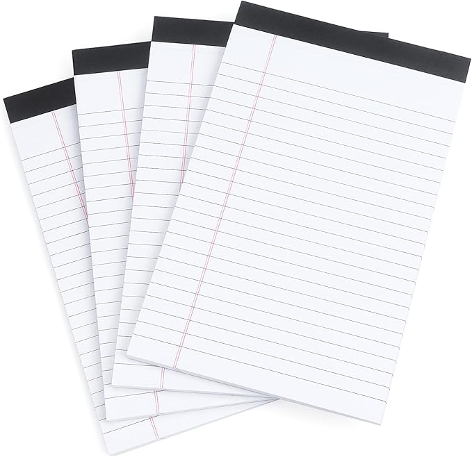 ZZTX Legal Pads Note Pads 5 x 8 Inch Lined Writing Pads, 50 Sheets Per Writing Pad, 4 Pack (White)