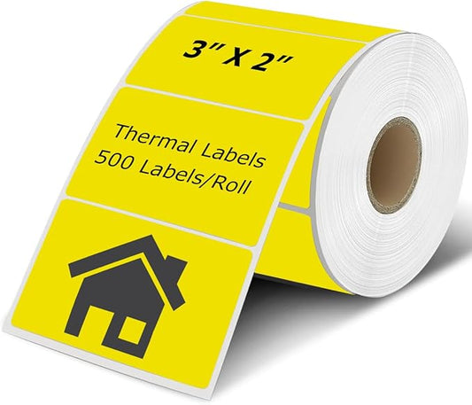 3" x 2" Thermal Labels Stickers Yellow, Thermal Printer hipping Stickers, Multipurpose Inventory Self-Adhesive Direct Thermal Label for Small Business (500 Labels/Roll)