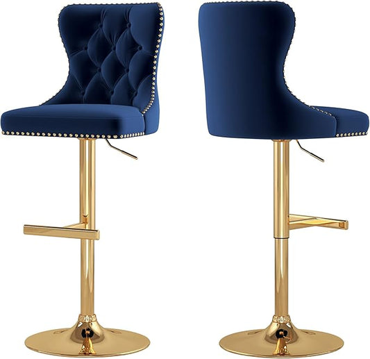 Bar Stools Set of 2, Velvet Swivel Counter Height Stools with Tufted Back, Adjustable Seat with Nailheads Trim, Upholstered Bar Chairs with Gold Base for Kitchen Island, Pub, Blue