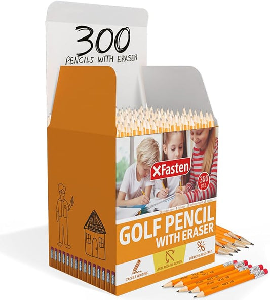 XFasten Golf Pencils with Erasers Bulk, 300-Pack 3.5" #2 HB Pre-Sharpened Easy-to-Grip Half Mini Golf Pencils for Kids, Adults, and School Supplies - Hexagonal, Smooth Writing, and Non-Smudging