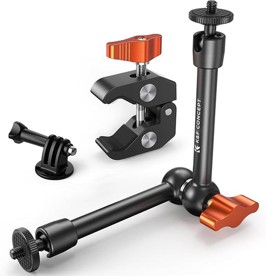 K&F CONCEPT 9.8" Magic Arm Clamp Kit with 1/4" & 3/8" Thread Screw 360° Ball Heads Articulating Magic Arm with Tripod Mount Adapter for Gopro/LED Lights/Monitor/Flash/Microphone/DSLR Camera