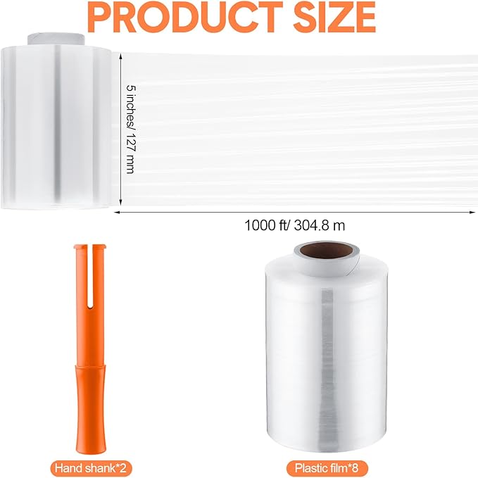 Jutom Mini Stretch Film Industrial Shrink Wrap Roll Plastic Film for Moving 2 Handles 5" x 1000 ft Pallet Wrap Packaging Self Adhering Shipping for Moving Furniture Packing(Orange,8 Pcs)