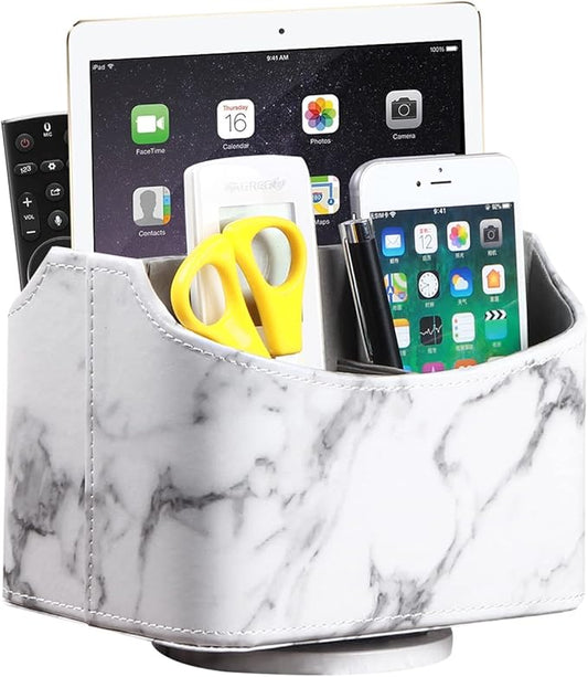 YAPISHI White Marble Leather Remote Control Holder,360 Degree Spinning Desk TV Remote Caddy/Box,Beside Table Organizer for Controller,Media,Makeup, Mobile Phone and Pen/Pencil Stationery Storage