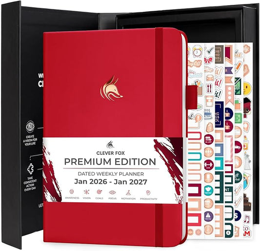 Clever Fox Dated Planner Premium 2026 – Weekly Agenda for Planning & Time Management –Notebook with Habit Tracker & To-do List (Red)