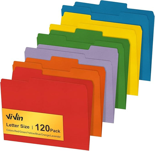 ViVin File Folders, Fits 8.5 x 11 Letter Size Paper, 1/3-Cut Tabs, 120 Pack Manilla Colored File Folders, Perfect for Home, Office, and School Documents File Paper(Multicolored)