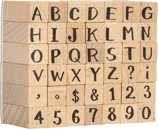 DIYOOHOMY Letter Stamps for Clay, Wooden Number Alphabet Rubber Stamps for Pottery Clay Tools Ceramic Polymer DIY Scrapbook Card Making, 42 Pcs Vintage Uppercase Alphabet Stamp Crafting Tools