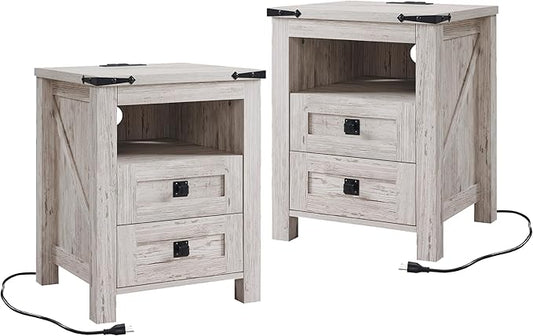 T4TREAM Farmhouse Nightstand Set of 2 with Charging Station, Rustic End Table with 2 Drawers, Storage Open Shelf for Bedroom, Living Room, Wood Side Table, Antique Brush White