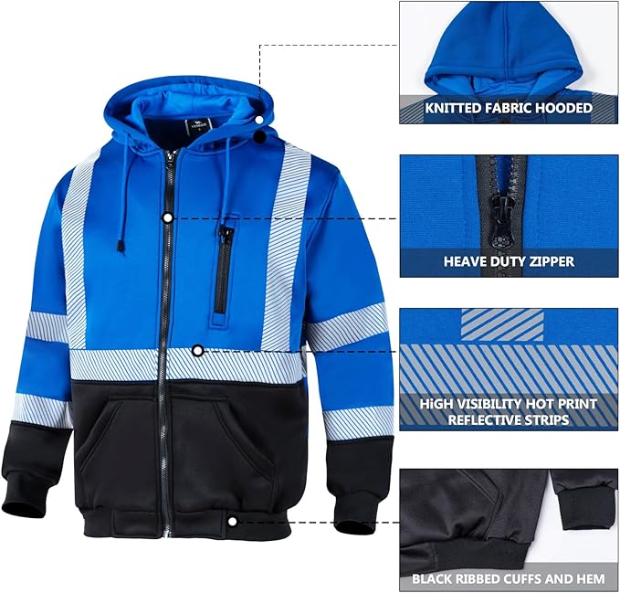 VENDACE High Visibility ANSI Class 3 Reflective Safety Fleece Sweatshirt Hoodie for Men Hi Vis Hoodies Zipper Jacket