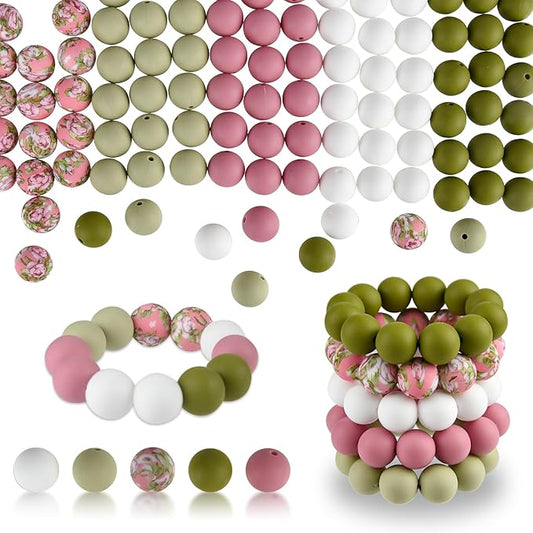 ASTARON 100 Pcs 15mm Silicone Beads for Keychain Making, Pink Green White Beads Bulk Round Beads for Bracelets Crafts Beadable Pens Decorations Jewelry Making Party Favors Supplies