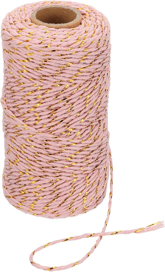 PATIKIL 2mm x 109 Yard Cotton Butcher Twine, Cotton Bakers Twine String Rope Cord for Gift Wrapping Arts Crafts Party Decorations Gardening, Gold Pink