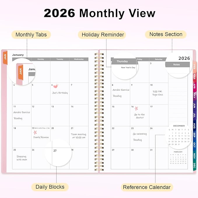 Oucaru 2026 Planner, Weekly and Monthly Planning Calendar, Jan 2026 - Dec 2026, 6.3" x 8.5", Spiral Bound, 12 Habit Trackers & Monthly Tabs, 2 Storage Pockets, Perfect for Office Home School Supplies