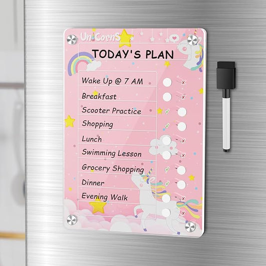 NiHome Acrylic Magnetic to Do List Planning Board with Sliders & Desktop Stand, Kids Chore Chart, Checklist Routine Chart Task Board for Fridge & Desk, for Magnetic Metal Surfaces Only (Pink Unicorn)